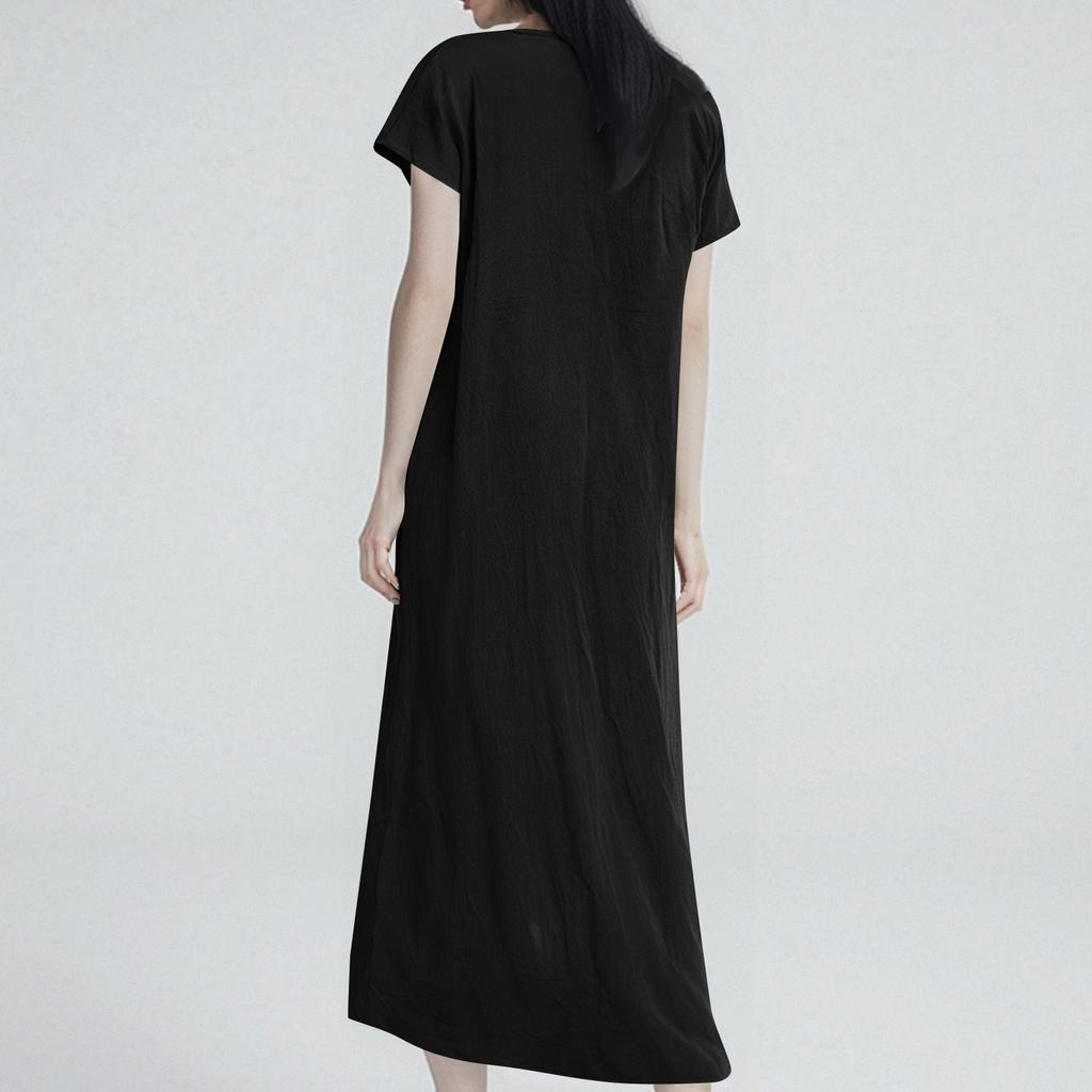 Women's Fashion Loose Solid Color Cotton And Linen V-Neck Pocket Casual Dresses