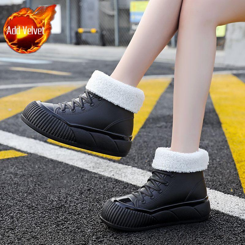 Women's Thick Soled Fur Lined Anti Slip Rain Boots, Short Tube Casual Shoes, Cute Design for Students, Waterproof Shoes