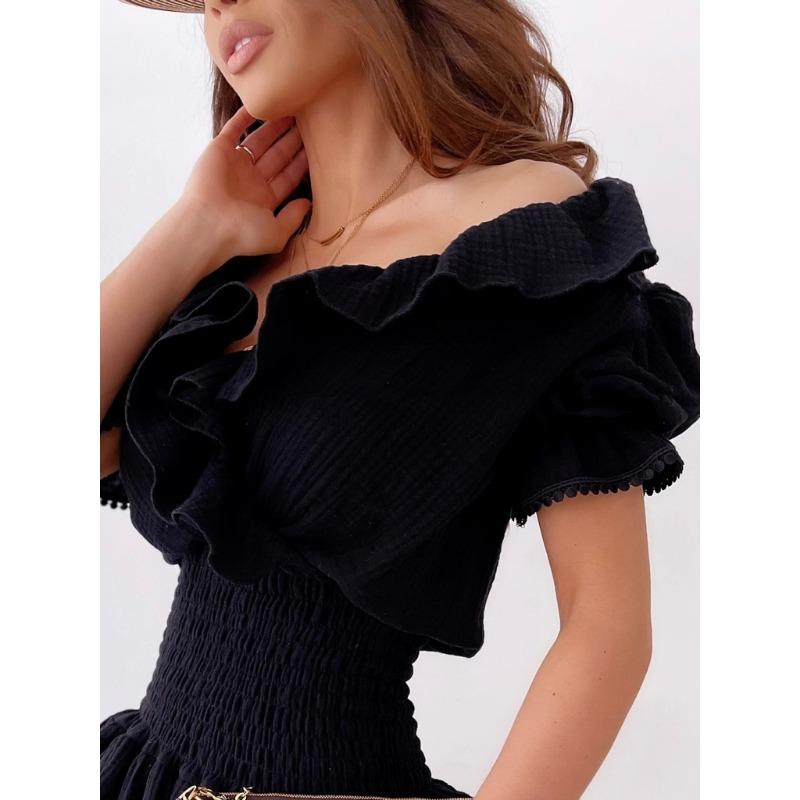 Summer Short Sleeved V-neck Ruffled Fashion Dress Women Slim Fit Pleated A-line Party Short Dresses Female Solid Color Elegant Streetwear Clothing