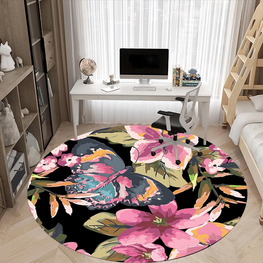 1pc Butterfly Floral Pattern Carpet, Round Non Slip Durable Large Size Office Carpet, Suitable for Office