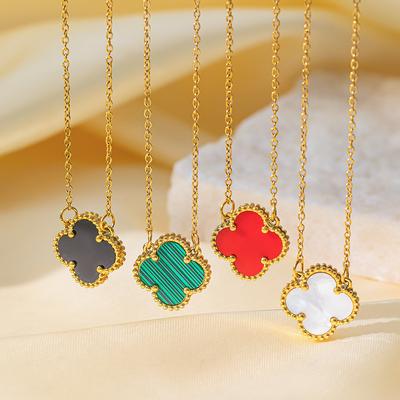 Collier Trèfle à Quatre Feuilles Chanceux 15mm Or 18k Acier Titane Ne se Décolore Pas Chaîne de Clavicule Classique Double Face Haut de Gamme pour Femmes