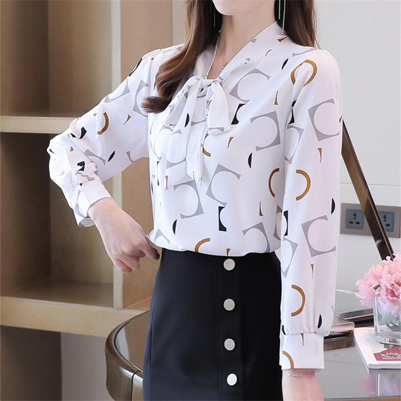 M-4XL Women Spring Summer Style Chiffon Blouses Shirts Lady Casual Long Sleeves Bow Tie Collar Printed Blouses Tops