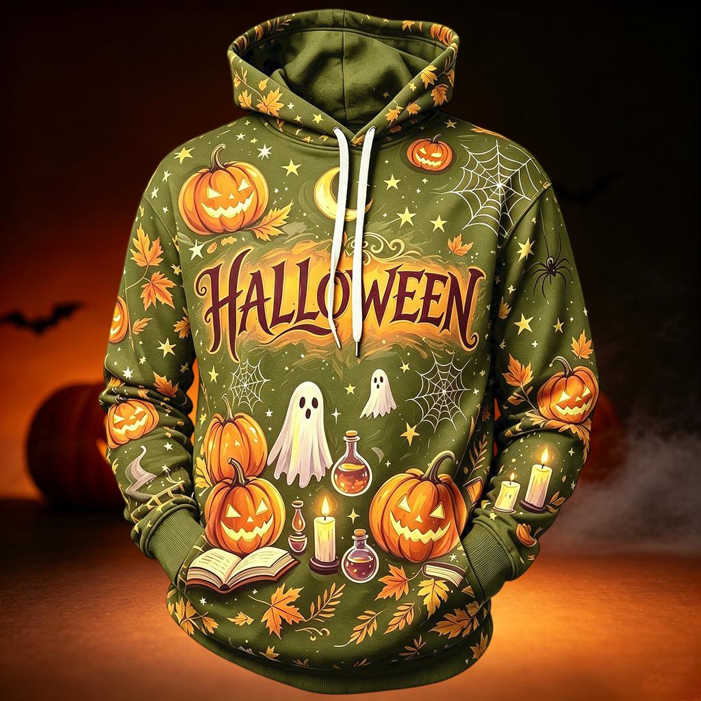Men's Casual Hooded Long Sleeve Top with Halloween Print for Holiday Events
