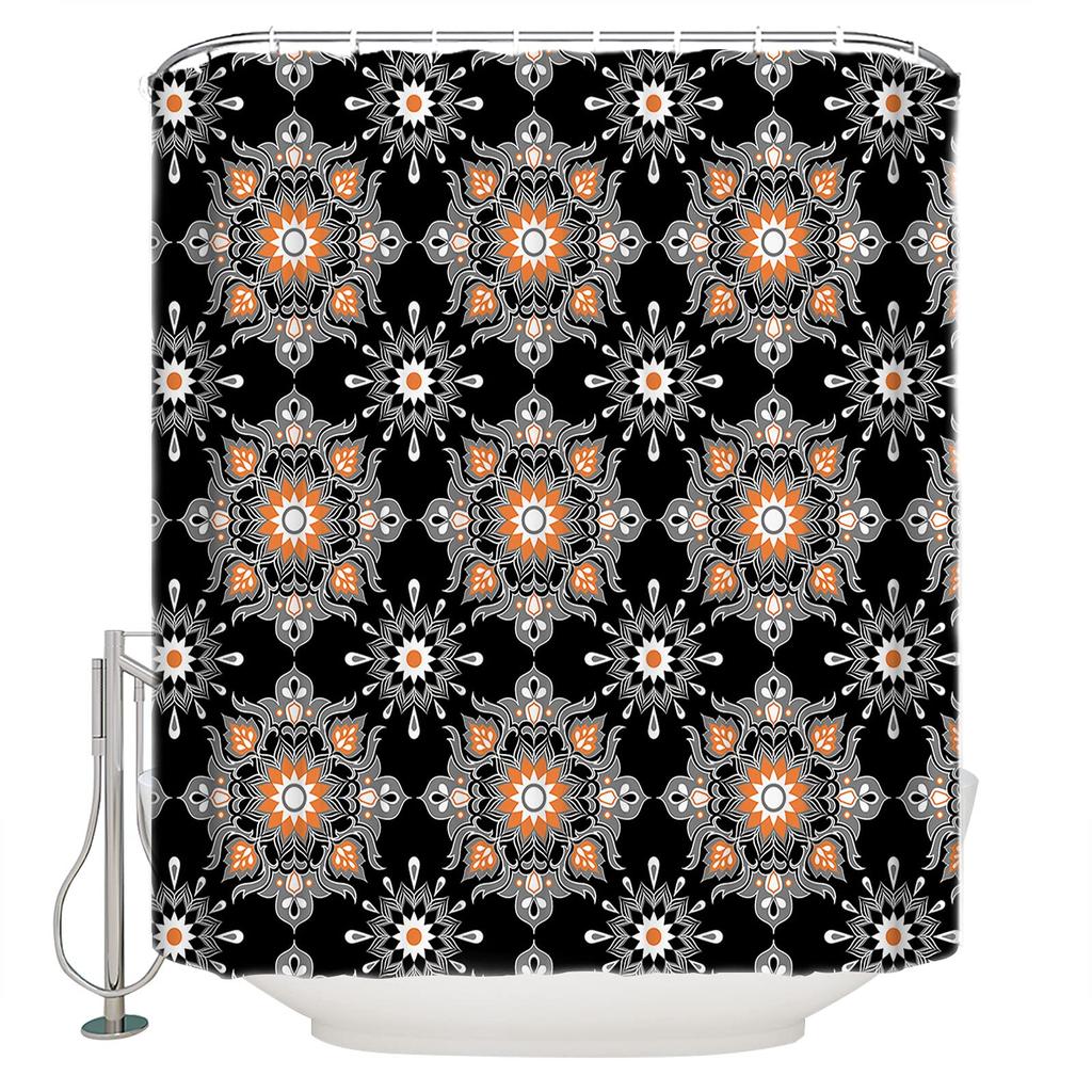 Golden Baroque Symmetrical Shower Curtain, Paisley Bohemian Tribal Ethnic Damask Ornament Luxury Design Bathroom Shower Curtain