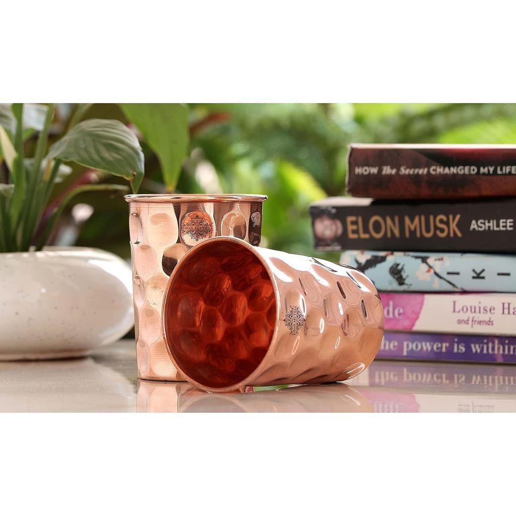 Pure Copper Plain Glass with Diamond Hammered Design, Drinking Serving Water, Yoga Ayurveda, Volume-300 Ml, Pack of 2