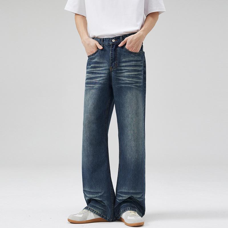 LKTM Unisex American Retro Dark Blue Micro-Flare Jeans, Whiskered Washed Long Pants