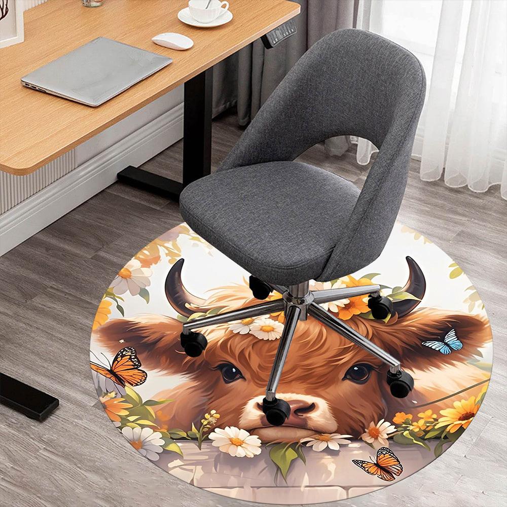 1PC Cow Flowers Cute Round Chair Mat Area Rug - Non-Slip, Floor Mat for Office, Bedroom, Home Decor Christmas Gift C0528047