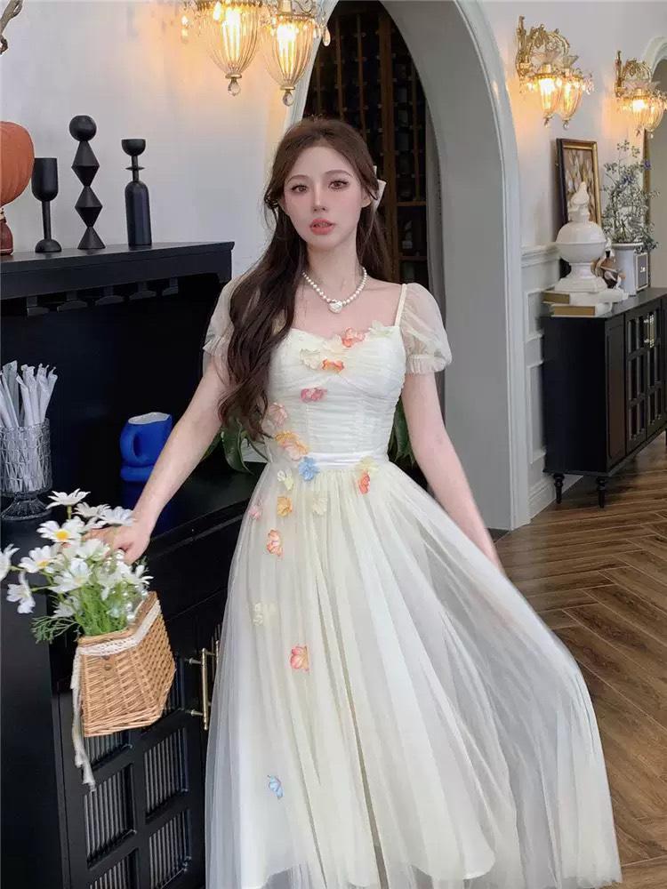 Dream garden atmosphere light wedding dress summer bubble sleeves waist thin sweet flower temperament dress