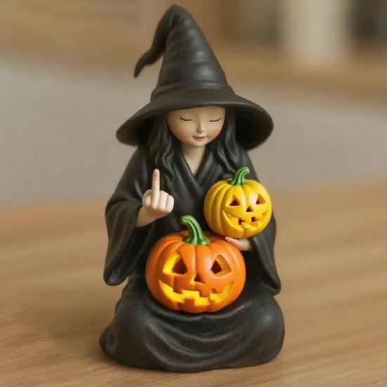 Halloween Ornament Dark Humor Witchcraft Vibe Creepy Witch Statue Black Robe Cat Themed Resin Home Decor
