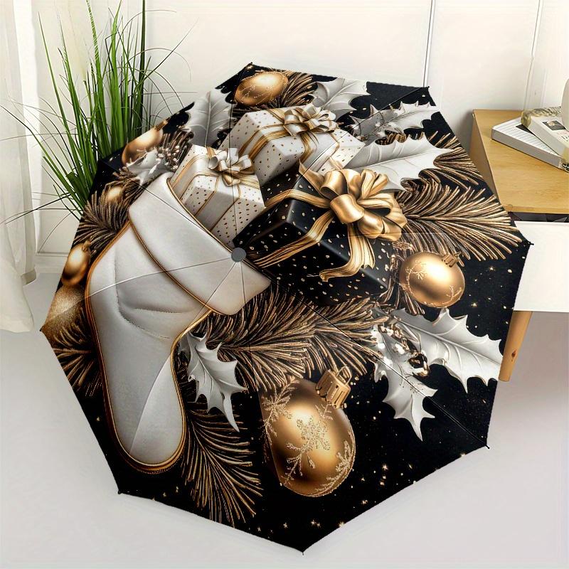 Golden Christmas Stocking with Presents and BaublesUmbrella, Portable 3-Fold Compact Umbrella,Christmas Gift ES623