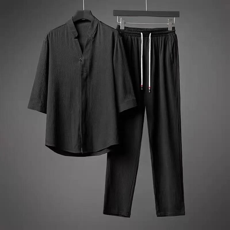 Vintage Button Men's Two Piece Set Summer Casual Shirt Pants Suits Outfit Men Solid Color Tracksuit Leisure Clothing