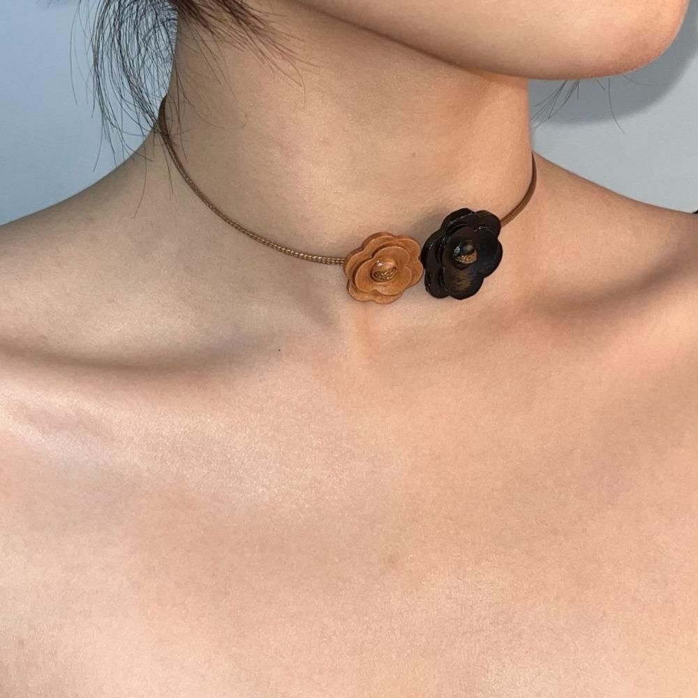 Personality Retro Maillard Black Brown Double Layer Flowers Woven Rope Fine Chain Cortex Choker Necklace for Women Charm Jewelry