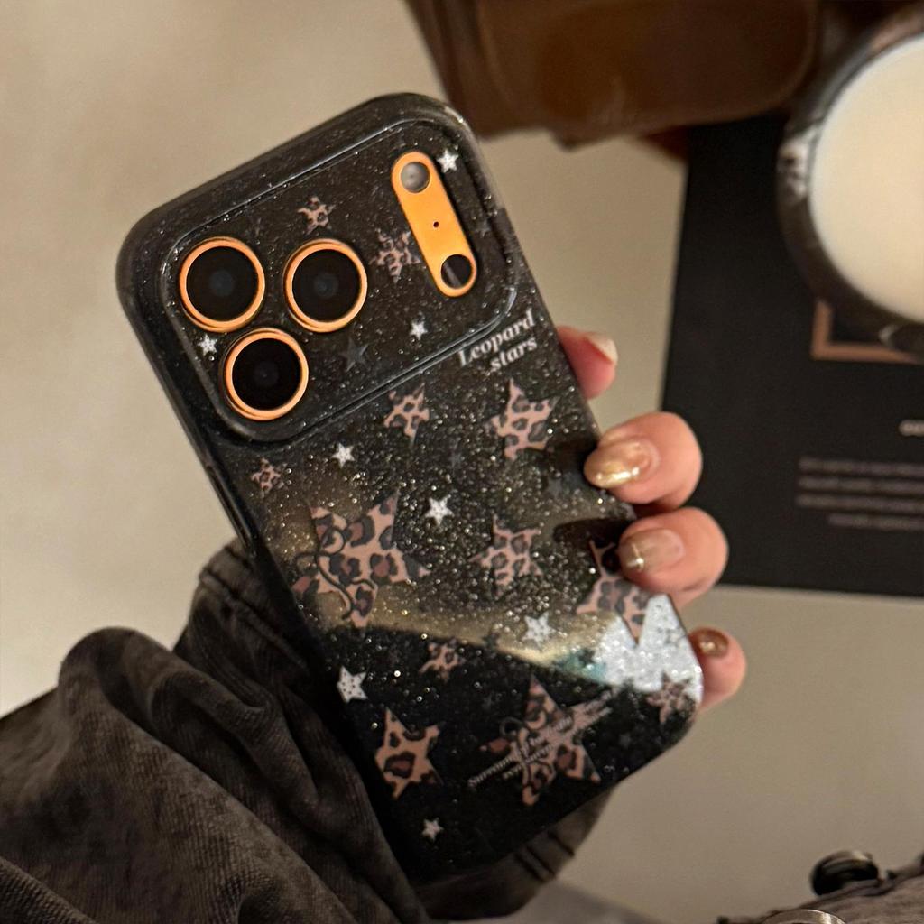 Glitter Leopard Print Star Phone Case for iPhone 15, iPhone 16, iPhone 17 Pro Max