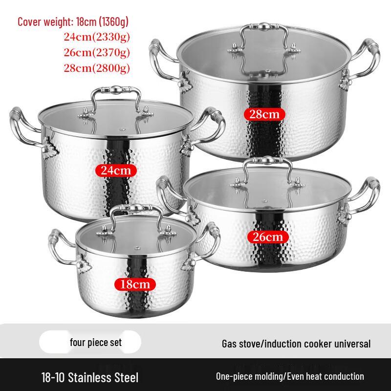 ZISIZ 3-Layer 304 Stainless Steel Hammered Hot Pot and Soup Pot 4-Piece Set