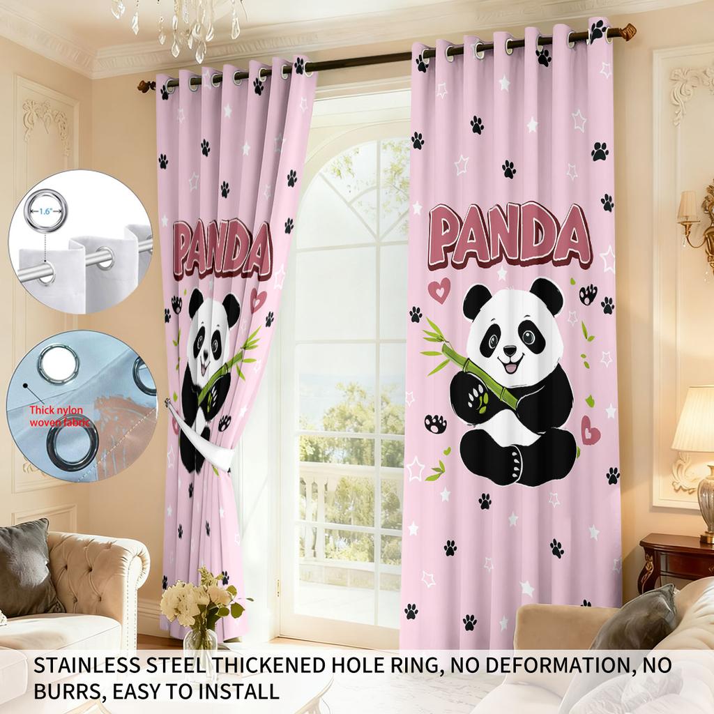 Set Of 2 Pink Heart Shaped Panda Print Perforated Curtains Multiple Sizes Living Room Insulation Decoration Easy Install Curtain Darkening Polyester