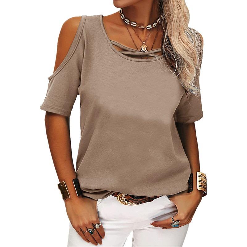 Off Shoulder Large Size Fashion Women Blouse Loose Casual Short Sleeve T-shirt for Women Solid Color O Neck Sweet Simple Office Basic Sweet Shirts