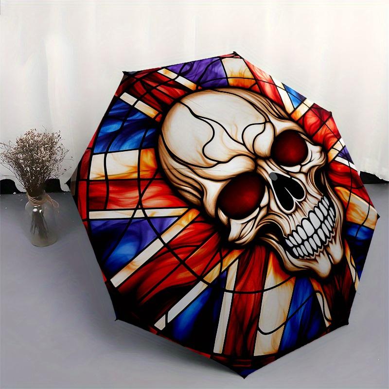 Buntes Totenkopf-Fensterkunst-Dekor, Tragbarer 3-fach kompakter Regenschirm, Weihnachtsgeschenk ES641