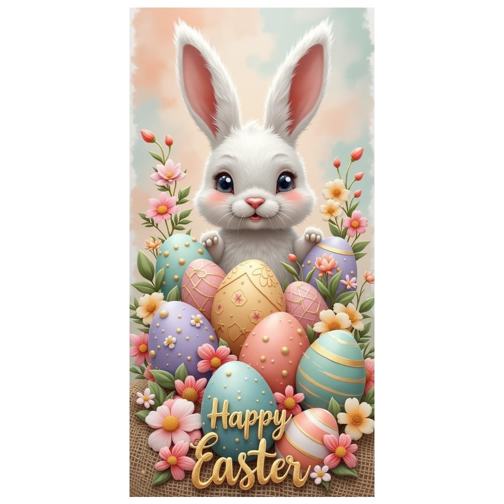 Easter Celebration Banner White Bunny Happy Easter Banner Floral Easter Backdrop Egg Patterns Spring Floral Background For Kids