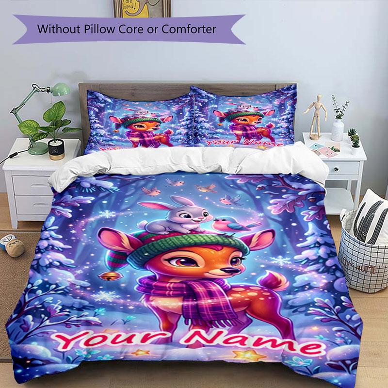3PC Custom Name Winter Forest Friends Bedding Set Duvet Cover Closure Includes 1 Duvet Cover & 2 Pillowcases for Bedroom
