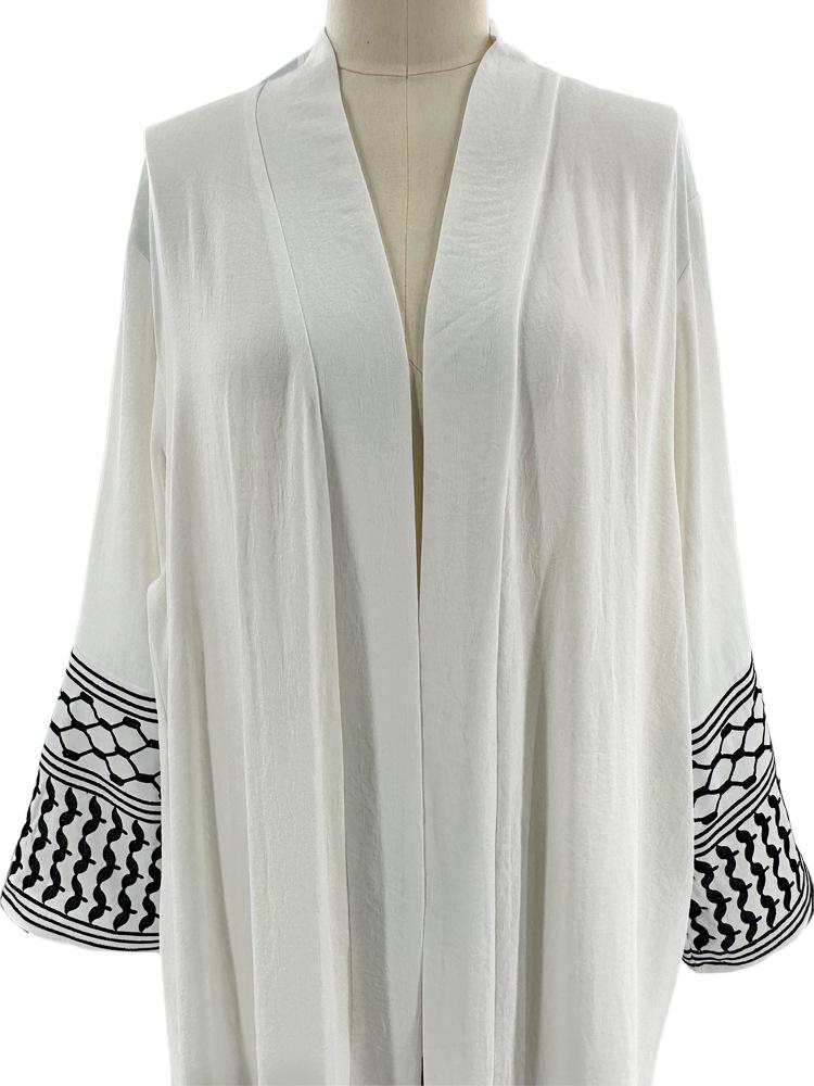 Elegant Embroidered Middle Eastern Muslim Tie-Up Cardigan Dress with Pockets