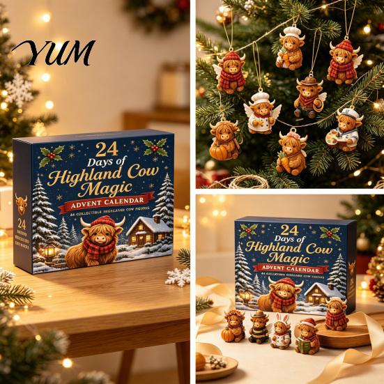 Acrylic Christmas Tree Ornaments Highland Cow Advent Calendar, 24 Unique Ornaments, Decorative Surprise Gift 2D Flat Hanging Charms for Decoration