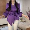 Early Spring Versatile Design Strapped V-neck Solid Color Lace-up French Waist Niche Shirt