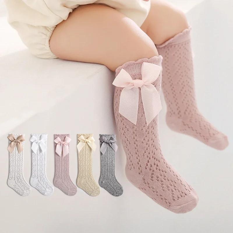 Baby Girl Socks Toddler Kid Girl Bow Cotton Mesh Socks Solid Breathable Infant Newborn Girl Long Tube Socks Stockings 0-3Y Years