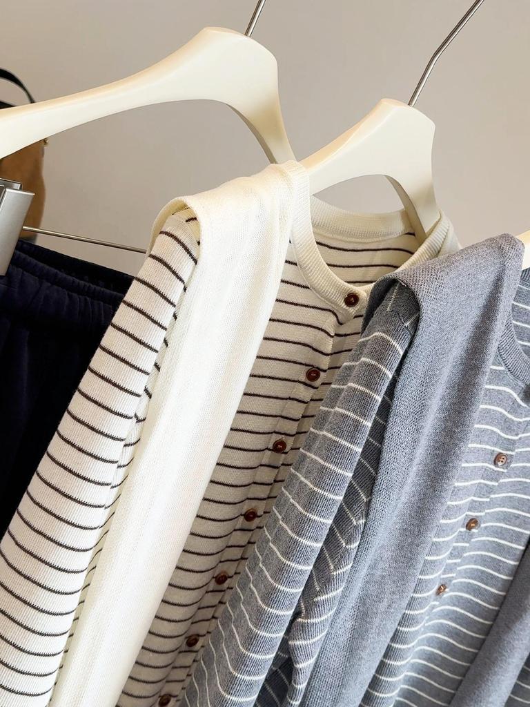 Women's 2025 Spring/Autumn Striped Knitwear Set: Round Neck, Short, Loose-Fit Sweater & Base Shirt.