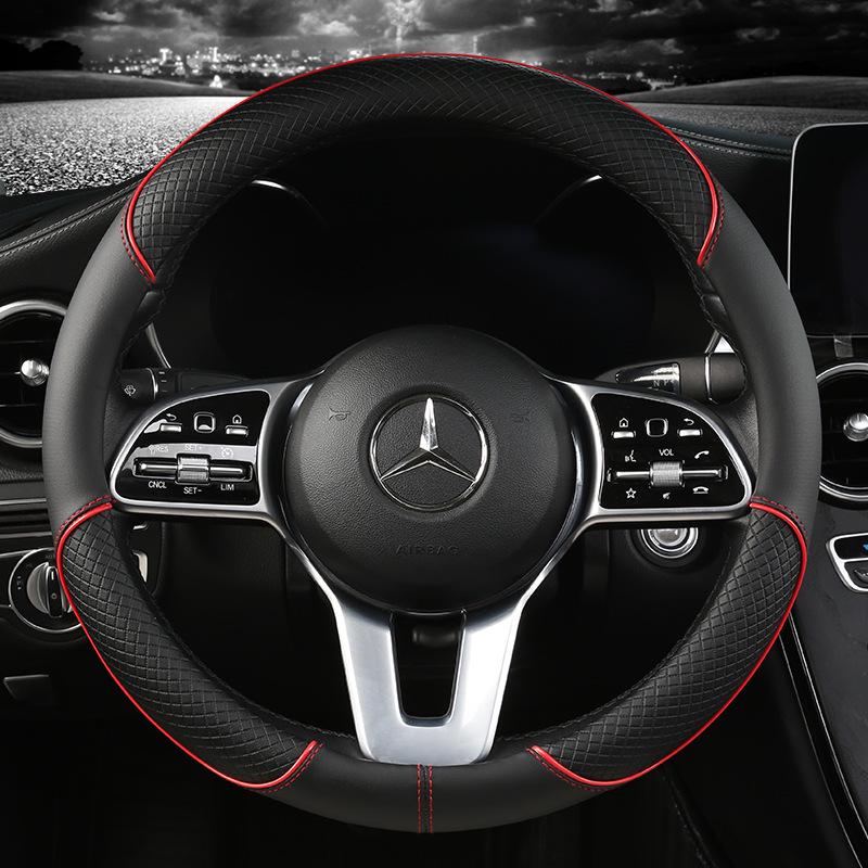 Universal Embossed All-Leather Anti-Slip Car Steering Wheel Cover - Faux Leather Grip, White Ring