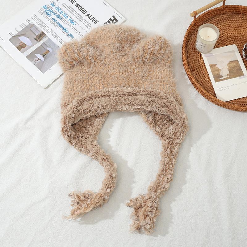 Sweet and Cute Bear Ear Plush Warm Hat Winter Outdoor Plus Velvet Thickened Cold Hat Big Head Flange Hat