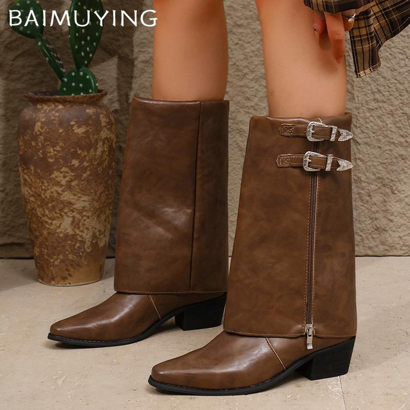 Pointed Toe Women Mid Calf Bootas Leather Chunky Retro Mid Heels Shoes 2025 Trend New Brand Designer Zipper Winter Botas Mujer