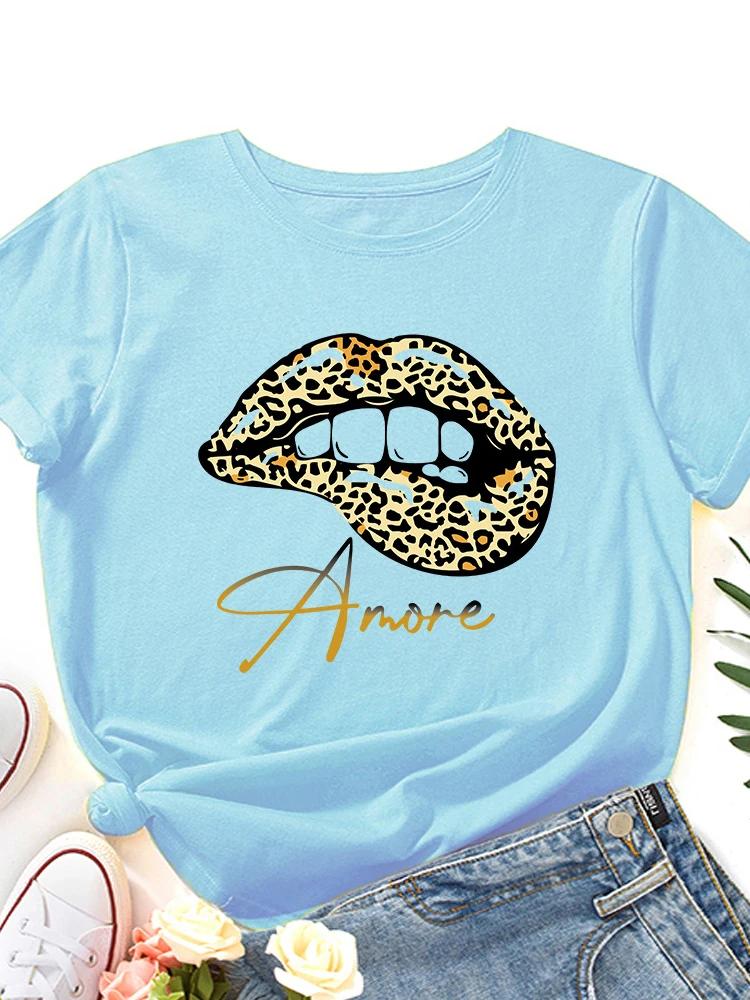 

Amore Леопардовый принт губ Женская футболка с коротким рукавом и круглым вырезом Свободная Женская футболка Дамская футболка Топы Одежда Camisetas Mujer XXXL небесно-голубой
