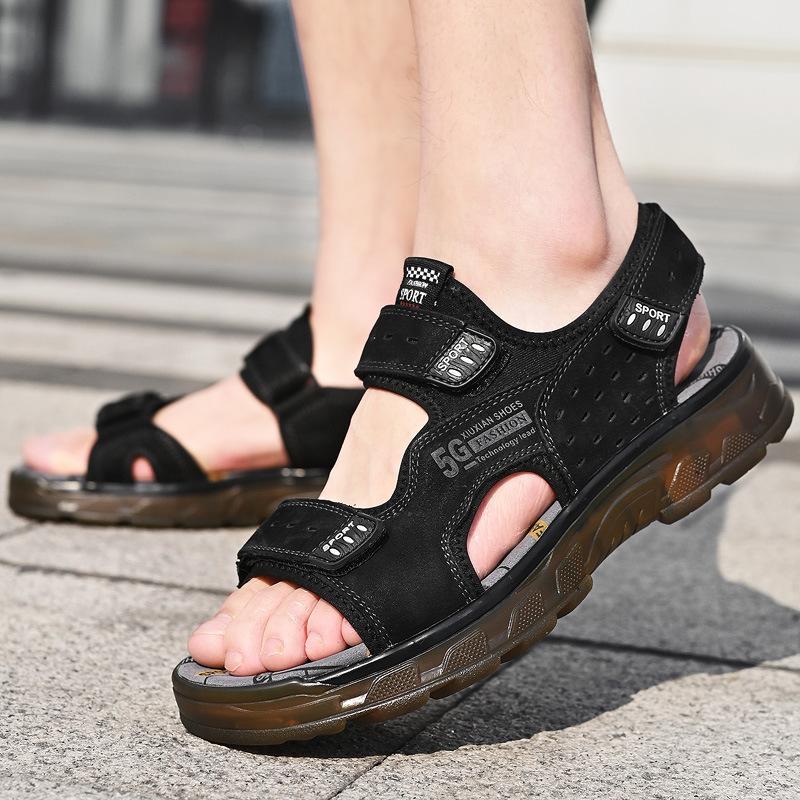 Jugendsandalen Herren Echtes Leder Atmungsaktiv Neu Sommer Rindsleder Rindensehne Plateau Outdoor Weiches Leder Weiche Sohle Lässige Strandschuhe