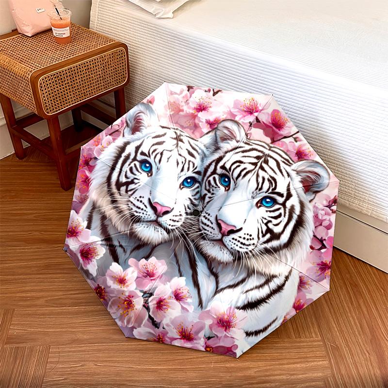 1 PC Automatic Folding Umbrella - White Tiger Pattern, Portable & Foldable Design with 8 Ribs, Christmas Birthday Gifts