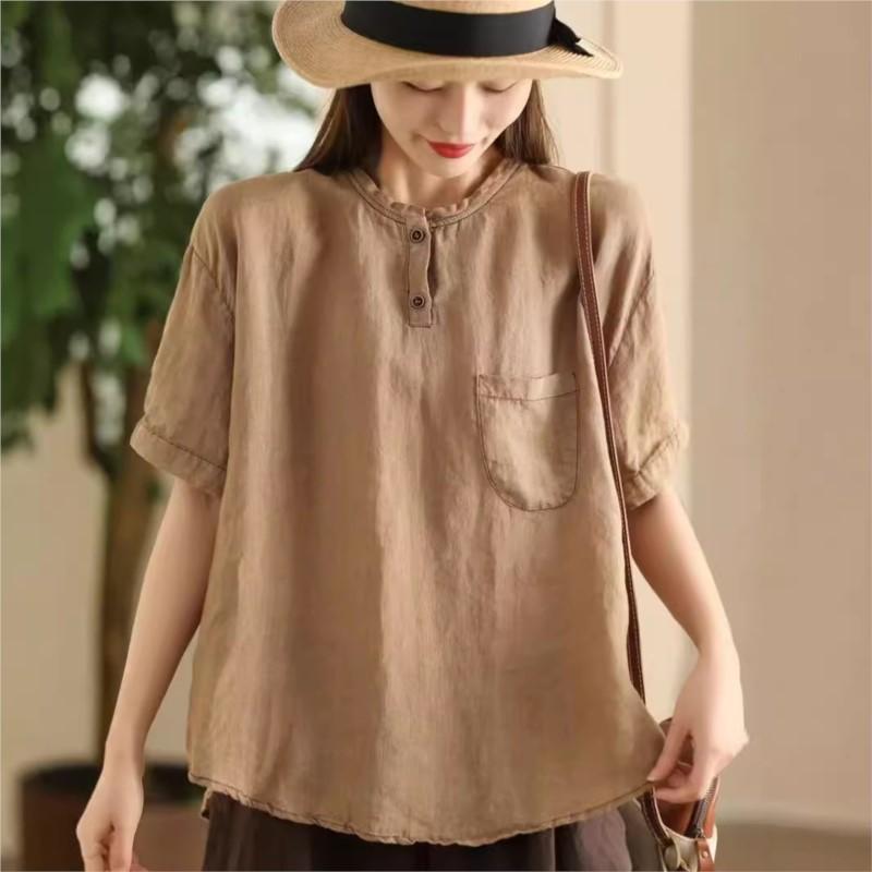 Johnature Women Vintage Patchwork Pockets T-Shirts O-Neck Short Sleeve Solid Color Summer Loose Casual T-Shirts
