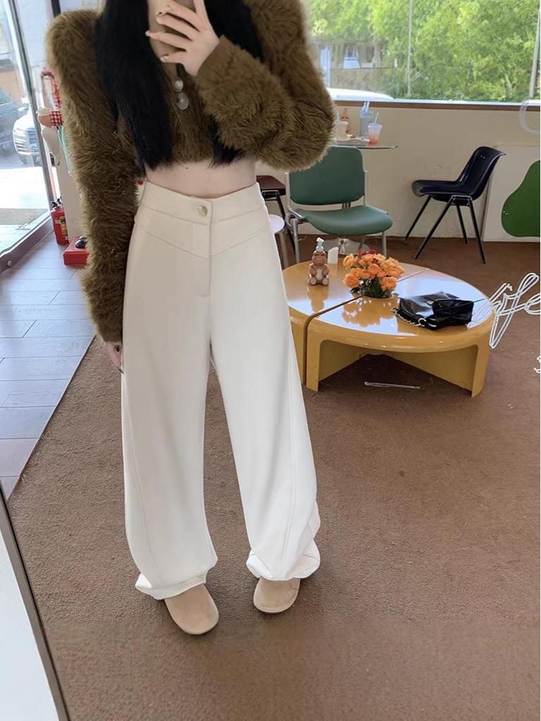 2025 Autumn/Winter Women's High-Waisted Slim Fit Apricot Suit Pants - Flattering Casual Drapey Straight Leg, Versatile Wide-Leg