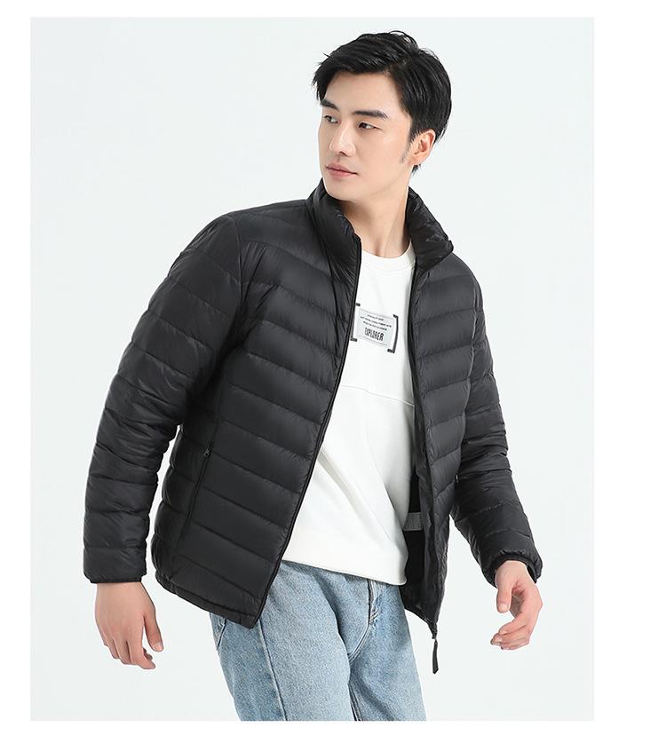 Men's Lightweight Stand Collar Down Jacket - Warm Short Ribbed Style for Autumn/Winter.