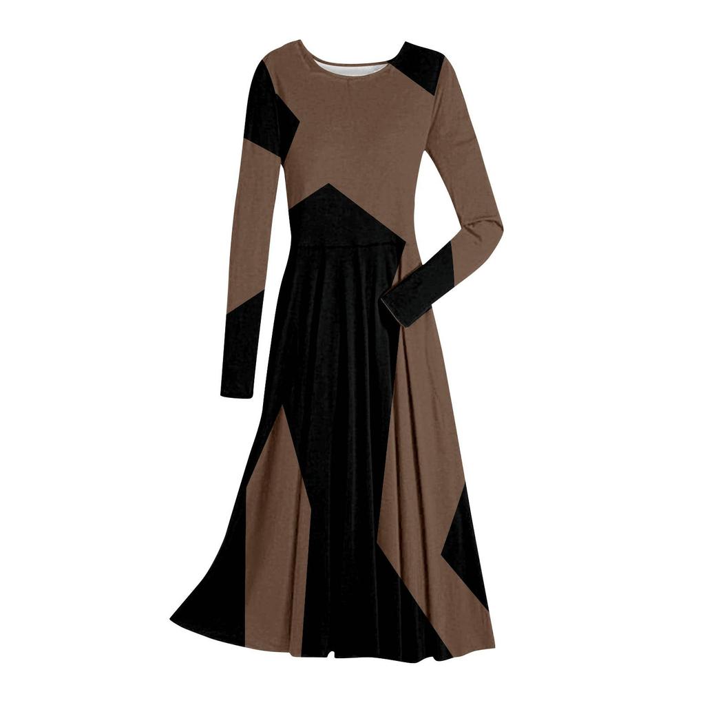 Kadın Modası Rahat Baskılı Yuvarlak Yaka Kazak İnce Kesim Uzun Kollu Elbise