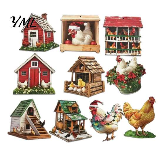 Unique Farmhouse Holiday Ornaments 10/20/30Pcs 2D Flat Chicken Wooden Hanging Ornament, Rooster Hen Coop Barn Decorative Wood Gift Tags Farm Pendants