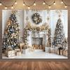 White Christmas Fireplace Background Christmas Tree Print Tapestry Photography Background Wall Family Children'S Holiday Party B