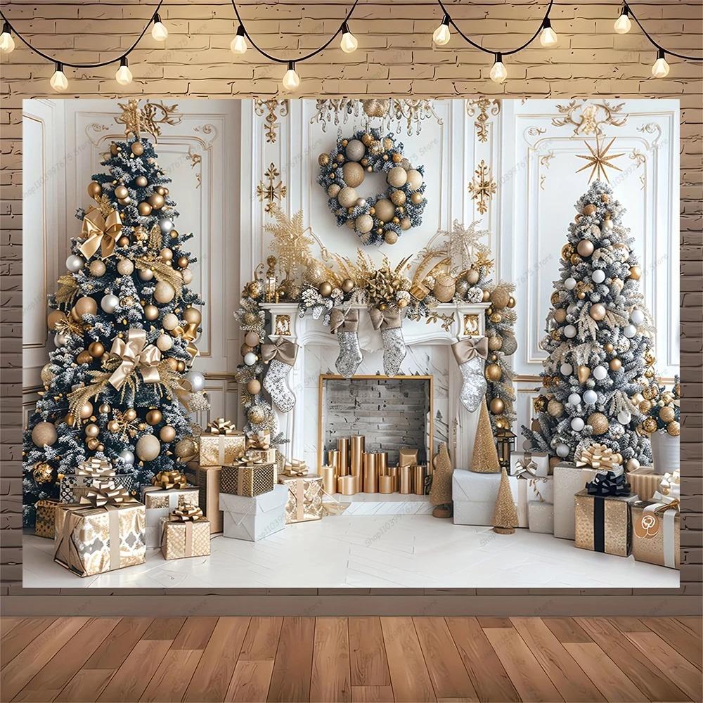 White Christmas Fireplace Background Christmas Tree Print Tapestry Photography Background Wall Family Children'S Holiday Party B