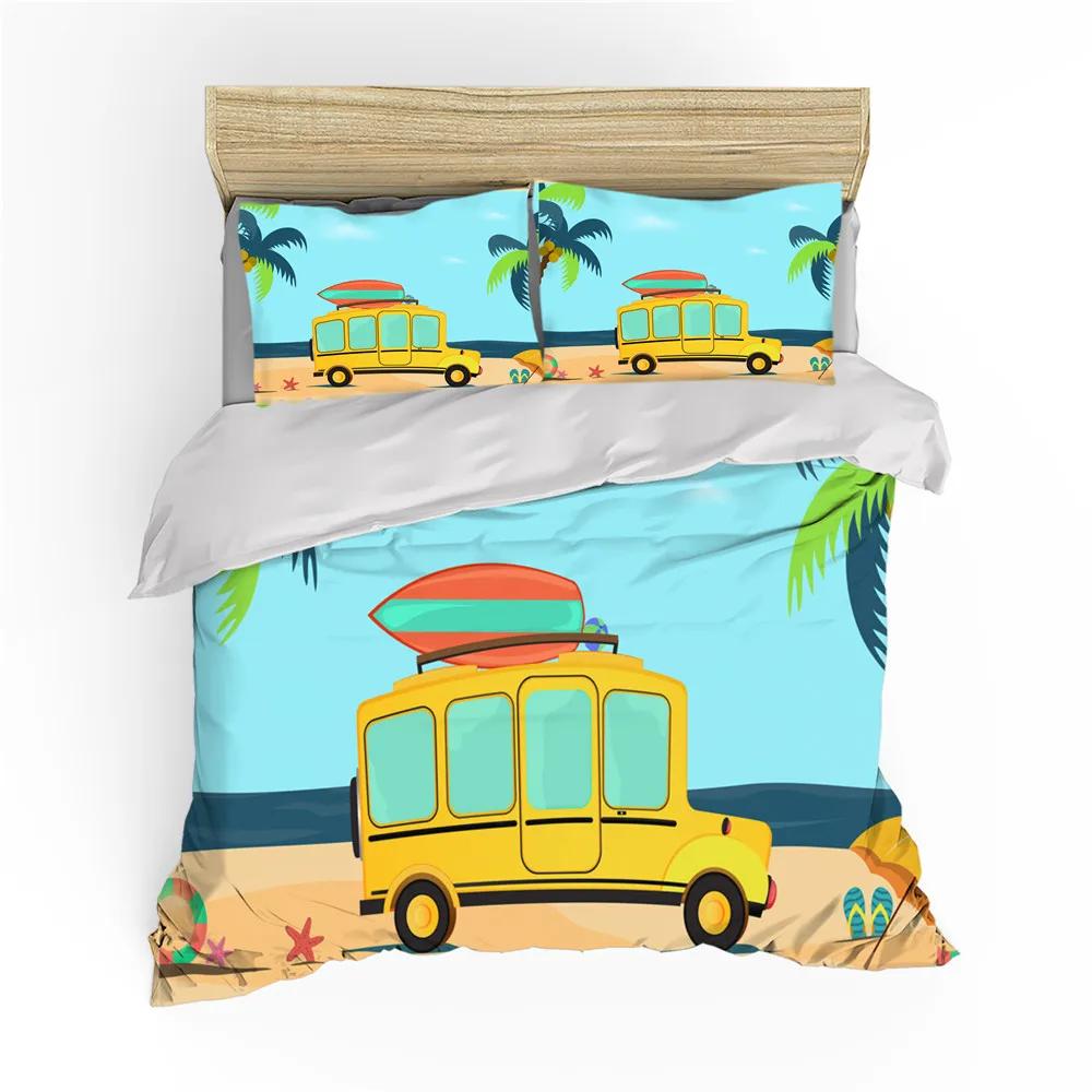 Surf Duvet Cover Hippie Classic Old Bus Surfboard Freedom Holiday Exotic Life Sketchy Art Yellow Orange Room Decor For Women Men