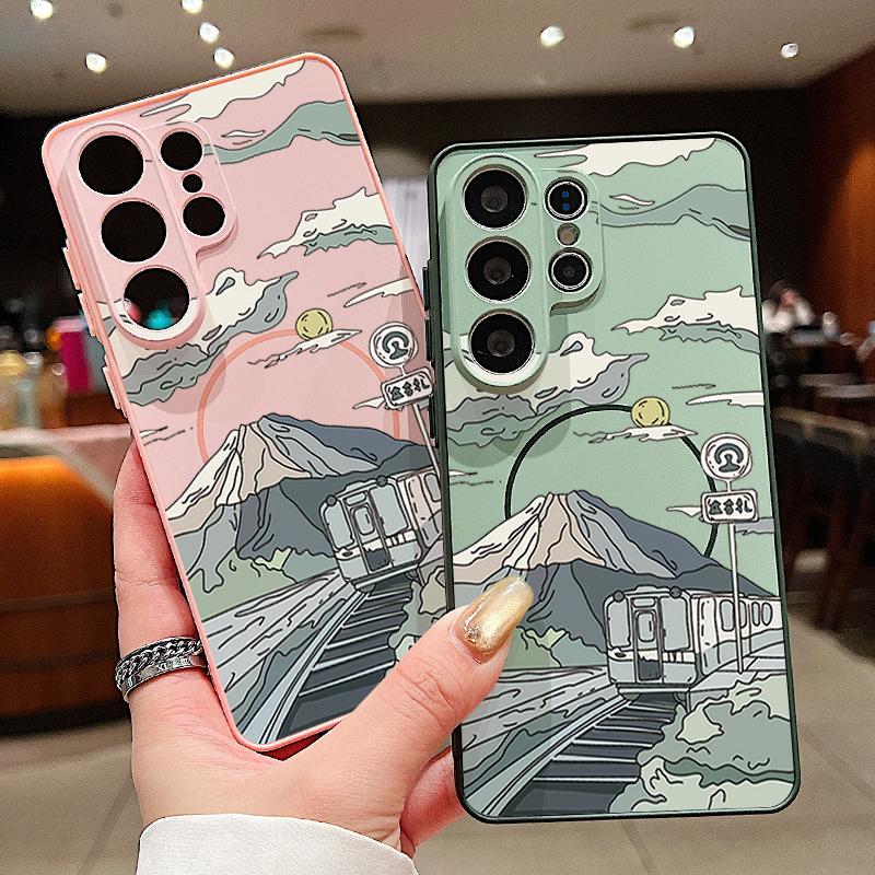 Magnetic For Magsafe Case For Samsung Galaxy S26 Ultra S25 Edge S24 Plus S23 FE S22 A54 A55 A56 5G Anime Landscape Train Pattern Matte Cover