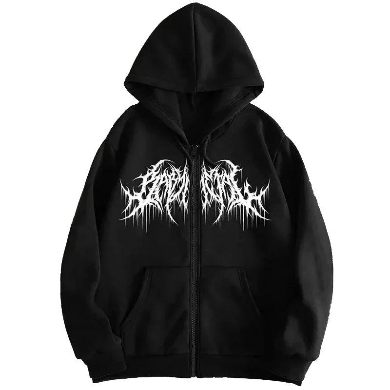 Felpa con cappuccio unisex a maniche lunghe con zip Vestibilità ampia Stile gotico scuro Felpa con stampa di lettere Giacca