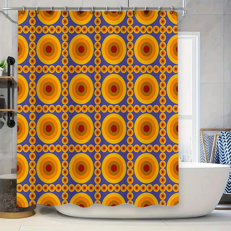 

Circular Pattern Shower Curtain Vibrant Orange, Red Yellow Geometric Print On Blue Fabric For Bathroom Decorations W60H190(CM)-1 Pcs