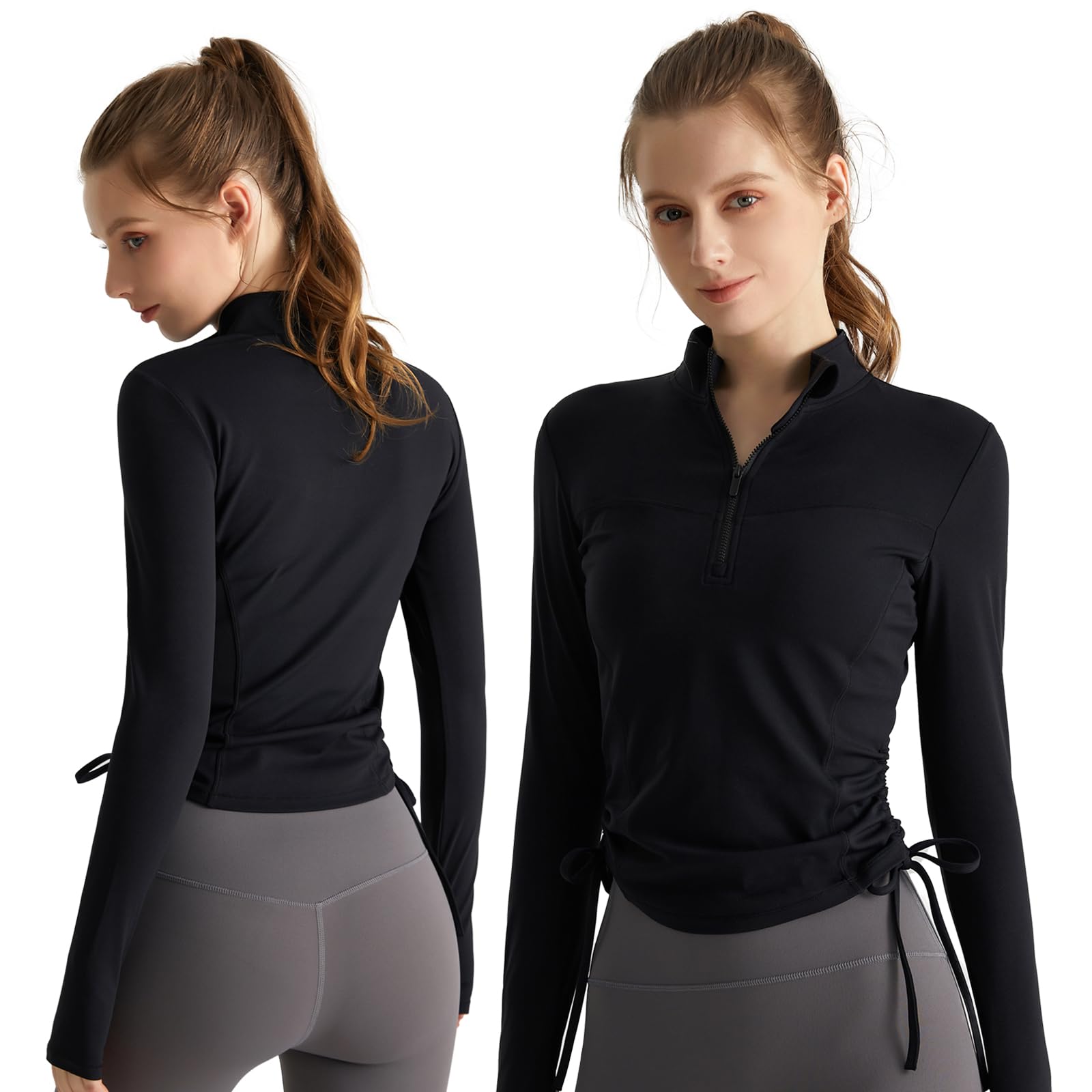 

Solcy Sportswear and Yoga Long Sleeve with High Half and Thumb and Perfect for and Size Black Women s Top, T-Shirt Neck, Zipper, Holes, чёрный