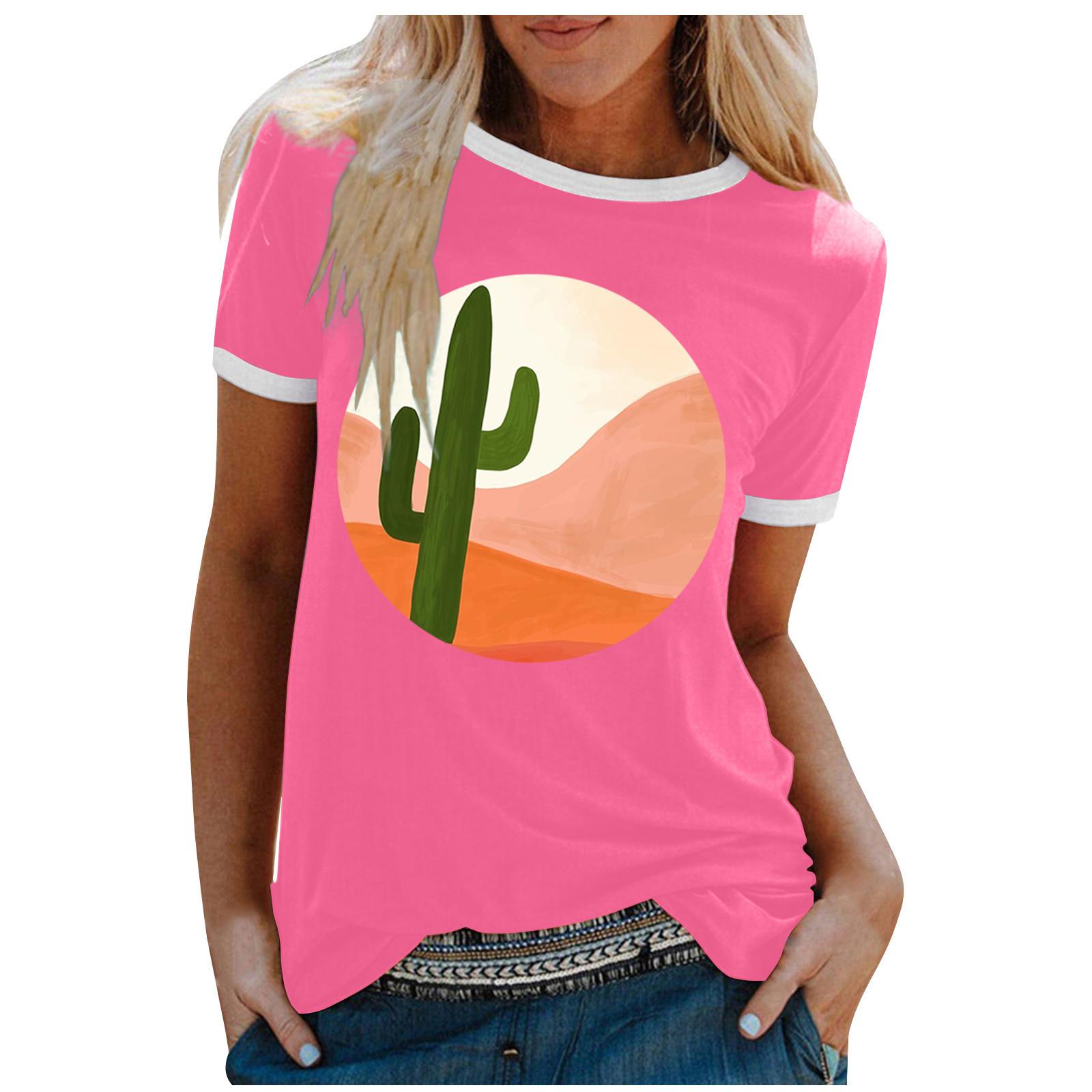 

(SU)Женская милая летняя свободная рубашка с коротким рукавом и круглым вырезом спереди, с коротким рукавом и принтом