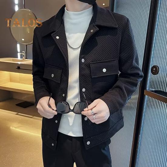 Herrenjacke Revers Langarm Pattentaschen Einreihiger Jackenmantel Einfarbig Gestreiftes Jacquardmuster Oberbekleidung