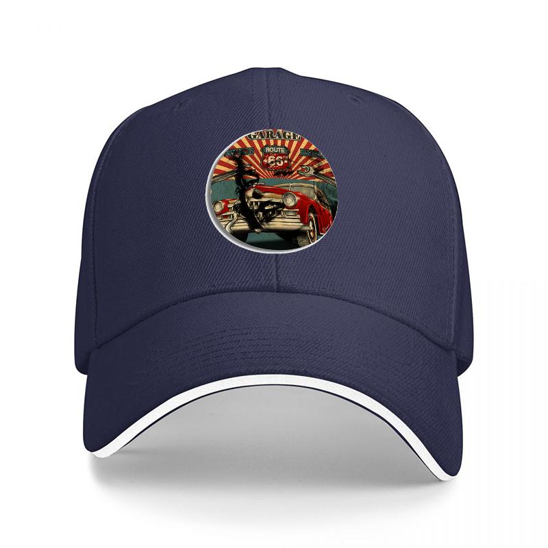 Casquette de baseball rétro avec motif hot rod vintage et soleil sur fond noir, ajustable, unisexe et femme.