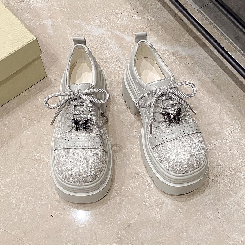 New leather sequined cloth thick sole thick heel lace-up low-top shoes single shoes round head women's shoes